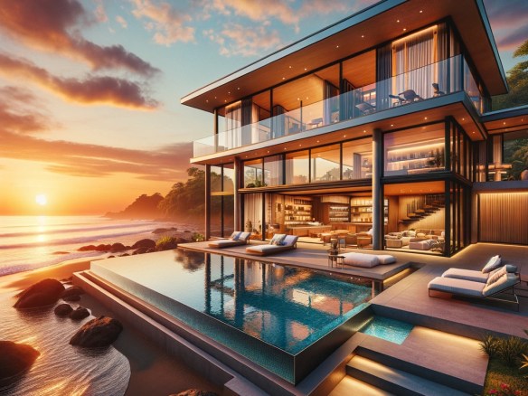 DALL·E 2024-03-29 07.55.21 - Create an image of an elegant beachfront villa at sunset in Costa Rica, where modern architecture meets the natural beauty of the oceanfront. The vill
