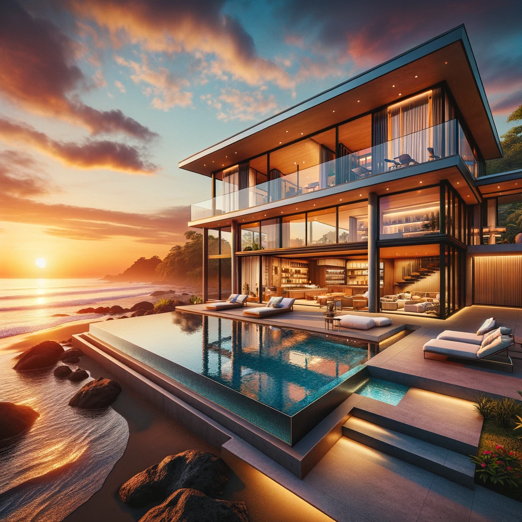 DALL·E 2024-03-29 07.55.21 - Create an image of an elegant beachfront villa at sunset in Costa Rica, where modern architecture meets the natural beauty of the oceanfront. The vill