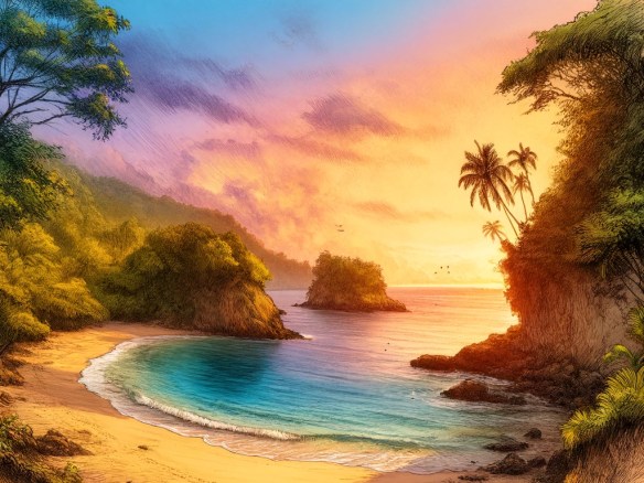 DALL·E 2024-03-29 07.55.22 - Sketch a scene of a hidden beach cove in Costa Rica at sunset, where the landscape is untouched and the beauty of nature prevails. The cove is seclude