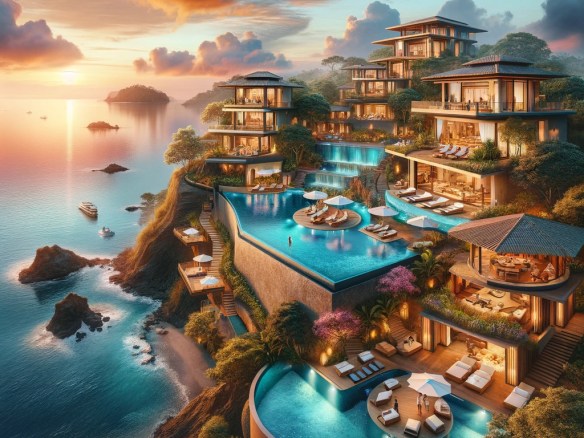 DALL·E 2024-03-29 07.55.24 - Illustrate a luxurious resort nestled on the cliffs overlooking the azure waters of the Pacific Ocean in Costa Rica. The resort is designed with elega