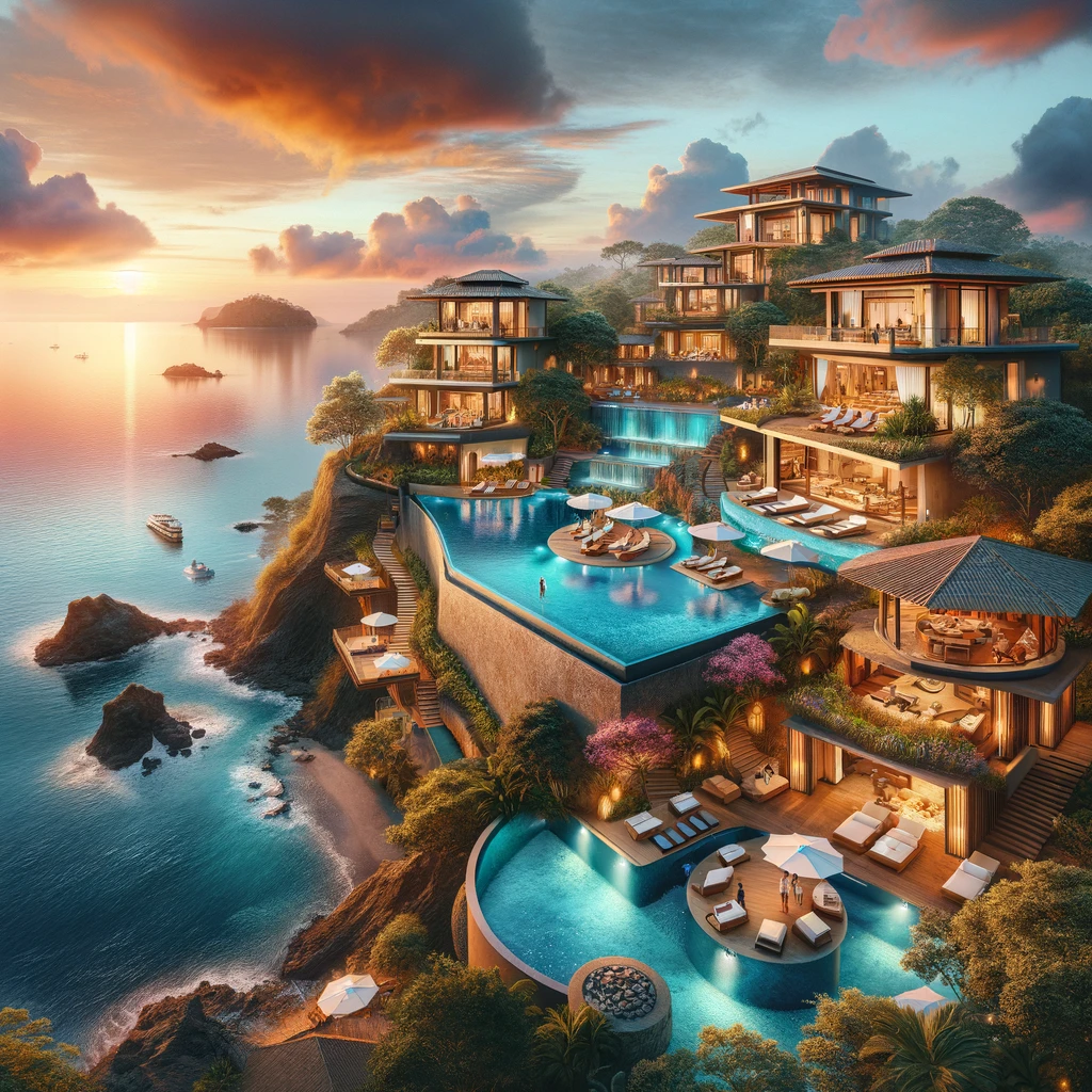 DALL·E 2024-03-29 07.55.24 - Illustrate a luxurious resort nestled on the cliffs overlooking the azure waters of the Pacific Ocean in Costa Rica. The resort is designed with elega
