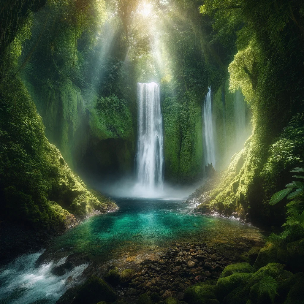 DALL·E 2024-03-29 07.55.30 - Create an image of a secluded waterfall hidden deep within the Costa Rican jungle. The waterfall cascades down from a high cliff into a crystal-clear,