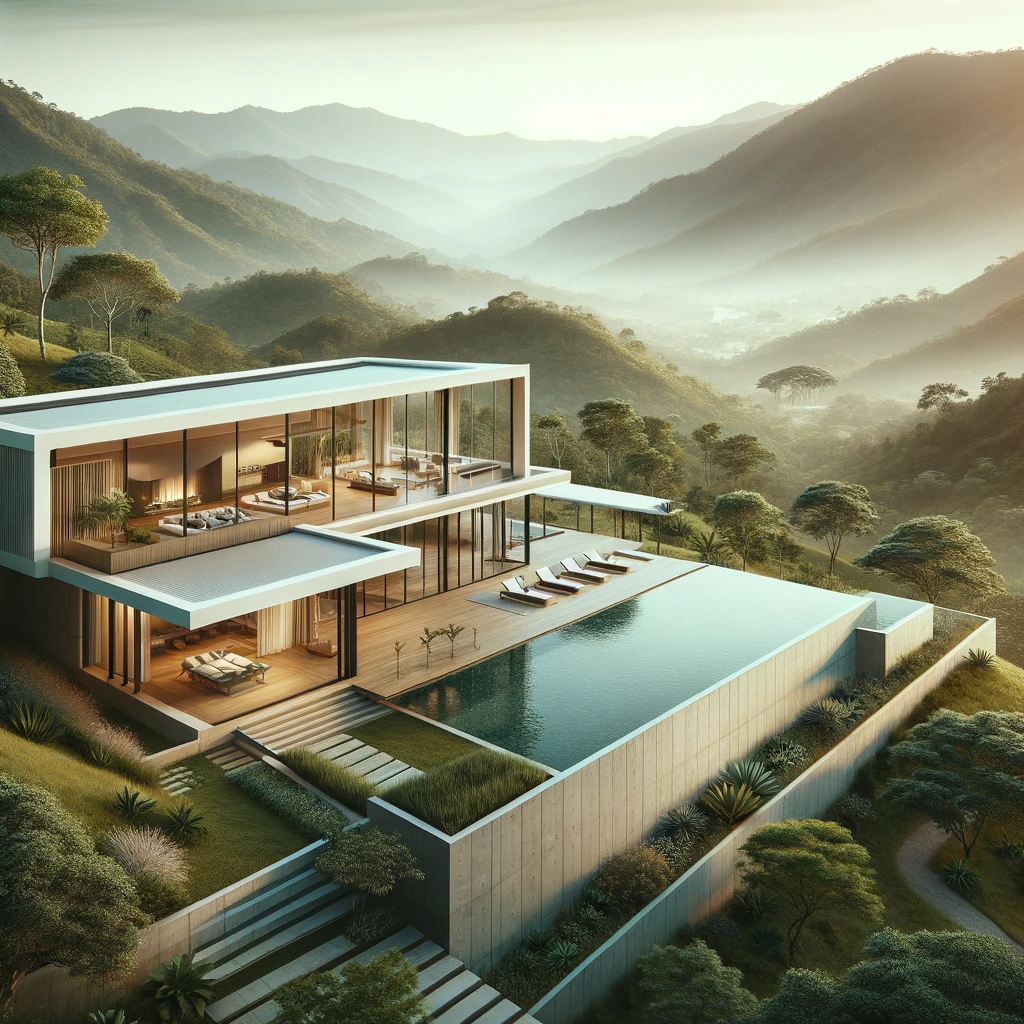 DALL·E 2024-03-29 07.55.36 - Visualize a luxurious modern home situated on a scenic overlook in the Costa Rican mountains. The home features contemporary architecture, with clean