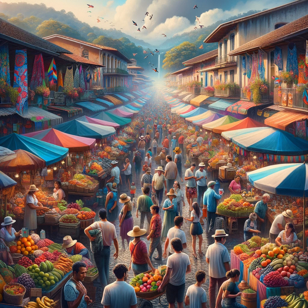 DALL·E 2024-03-29 07.57.05 - Imagine a vibrant and lively open-air market in a Costa Rican town, bustling with activity. The market is filled with stalls selling fresh fruits, veg