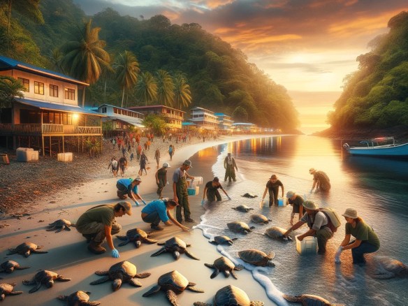 DALL·E 2024-03-29 08.39.24 - Create an image that captures the essence of turtle conservation efforts intertwined with community development in a coastal setting. The scene depict