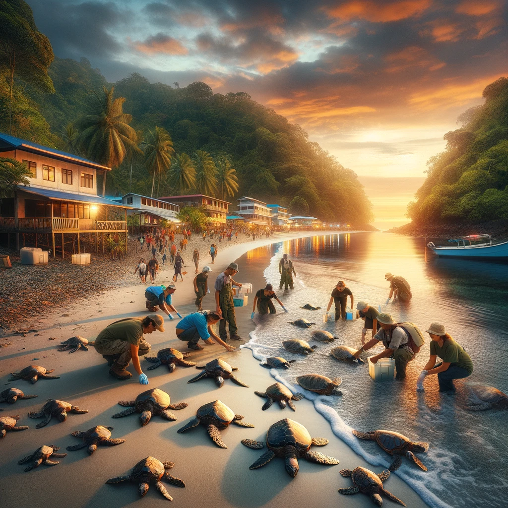 DALL·E 2024-03-29 08.39.24 - Create an image that captures the essence of turtle conservation efforts intertwined with community development in a coastal setting. The scene depict
