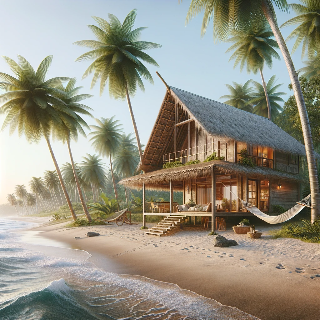 DALL·E 2024-03-31 13.37.10 - Design an image of a charming, rustic beach house nestled among palm trees on a secluded beach in Costa Rica. The beach house is constructed from natu