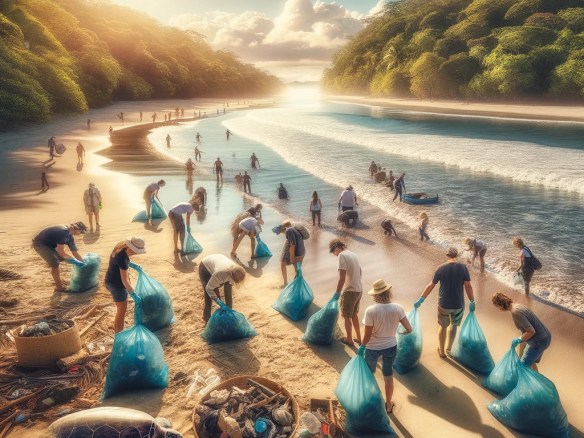 DALL·E 2024-03-31 13.37.14 - Create an image depicting the collaborative effort between a local community and wildlife conservationists working together on a beach clean-up day in