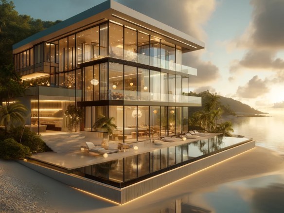 DALL·E 2024-04-21 13.22.07 - Visualize a luxurious and modern beachfront villa in Costa Rica, showcasing cutting-edge design and opulence. The villa should have expansive glass wa