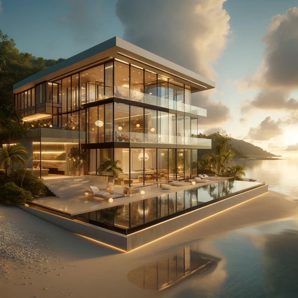DALL·E 2024-04-21 13.22.07 - Visualize a luxurious and modern beachfront villa in Costa Rica, showcasing cutting-edge design and opulence. The villa should have expansive glass wa