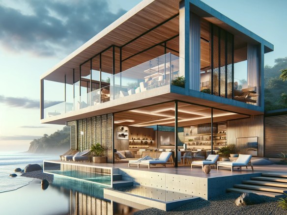 DALL·E 2024-04-21 13.35.35 - Visualize a contemporary Costa Rican beach house, integrating modern architecture with the natural seaside environment. The house should feature sleek