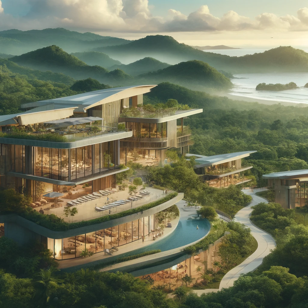DALL·E 2024-04-21 13.47.03 - Visualize a contemporary eco-resort in Costa Rica, designed with sustainability and luxury in mind. The resort should blend seamlessly with the natura