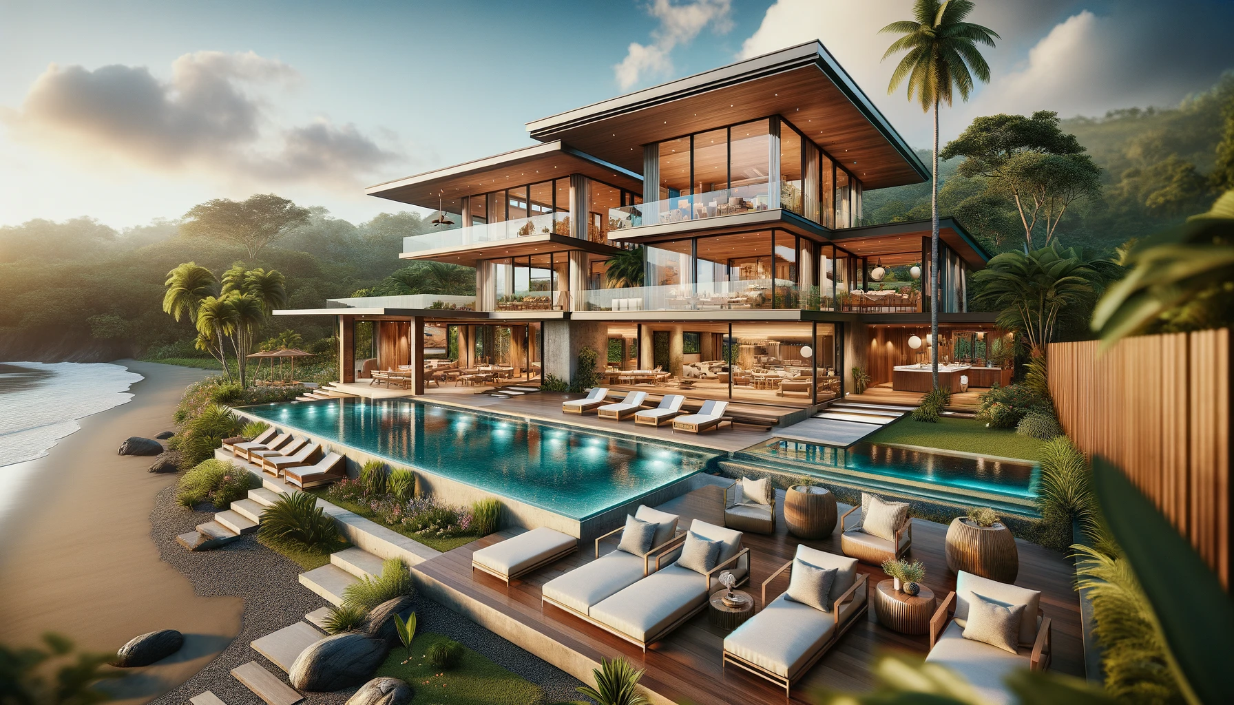 DALL·E 2024-06-02 11.06.59 - A stunning real estate home in Santa Teresa, Costa Rica. The house is designed with modern architecture featuring large glass doors, an infinity pool,