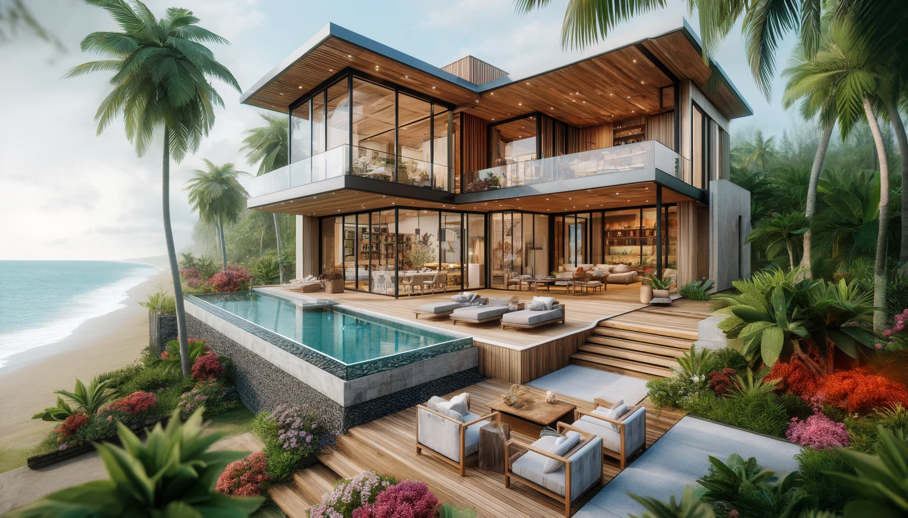 DALL·E 2024-06-02 11.07.01 - A luxurious and modern real estate home in Santa Teresa, Costa Rica. The house features large glass walls, a spacious wooden deck with an infinity poo