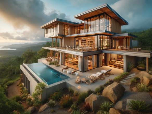 DALL·E 2024-06-02 11.08.42 - A beautiful, modern mountaintop home in Santa Teresa, Costa Rica. The house boasts large floor-to-ceiling glass windows with stunning views of the oce