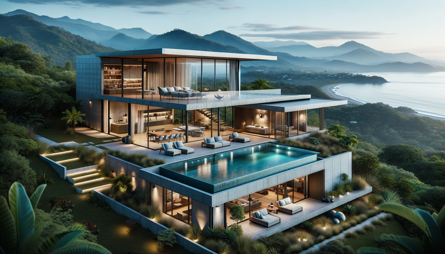 DALL·E 2024-06-02 11.08.45 - A contemporary mountaintop home in Santa Teresa, Costa Rica. The house features an open floor plan with expansive glass walls, offering panoramic view