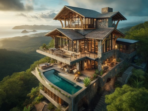 DALL·E 2024-06-02 11.09.15 - A unique mountaintop home in Santa Teresa, Costa Rica. This house features a mix of rustic and modern design elements, including stone walls, wooden b