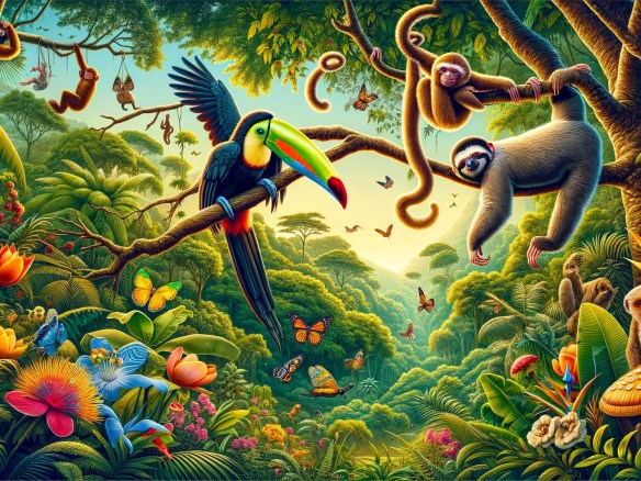 DALL·E 2024-06-02 11.10.20 - A vibrant wildlife scene in Costa Rica's tropical rainforest. The image features a variety of animals including a colorful toucan perched on a branch,