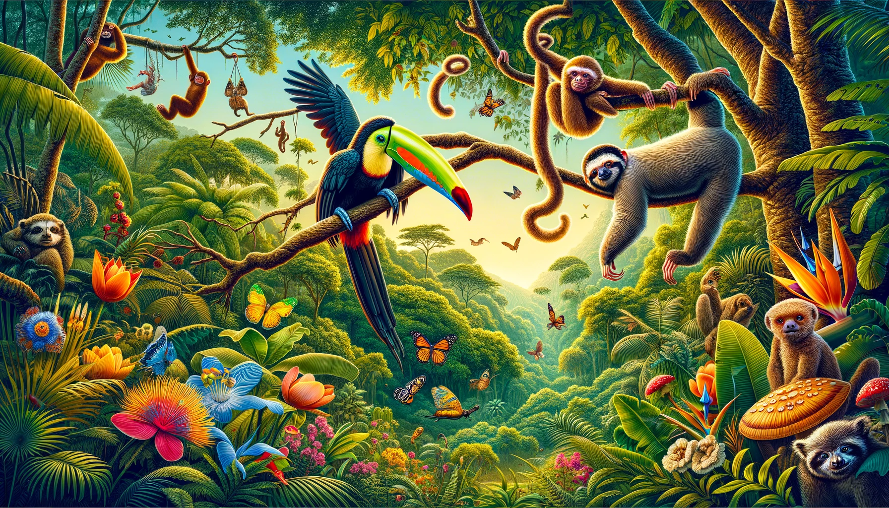 DALL·E 2024-06-02 11.10.20 - A vibrant wildlife scene in Costa Rica's tropical rainforest. The image features a variety of animals including a colorful toucan perched on a branch,