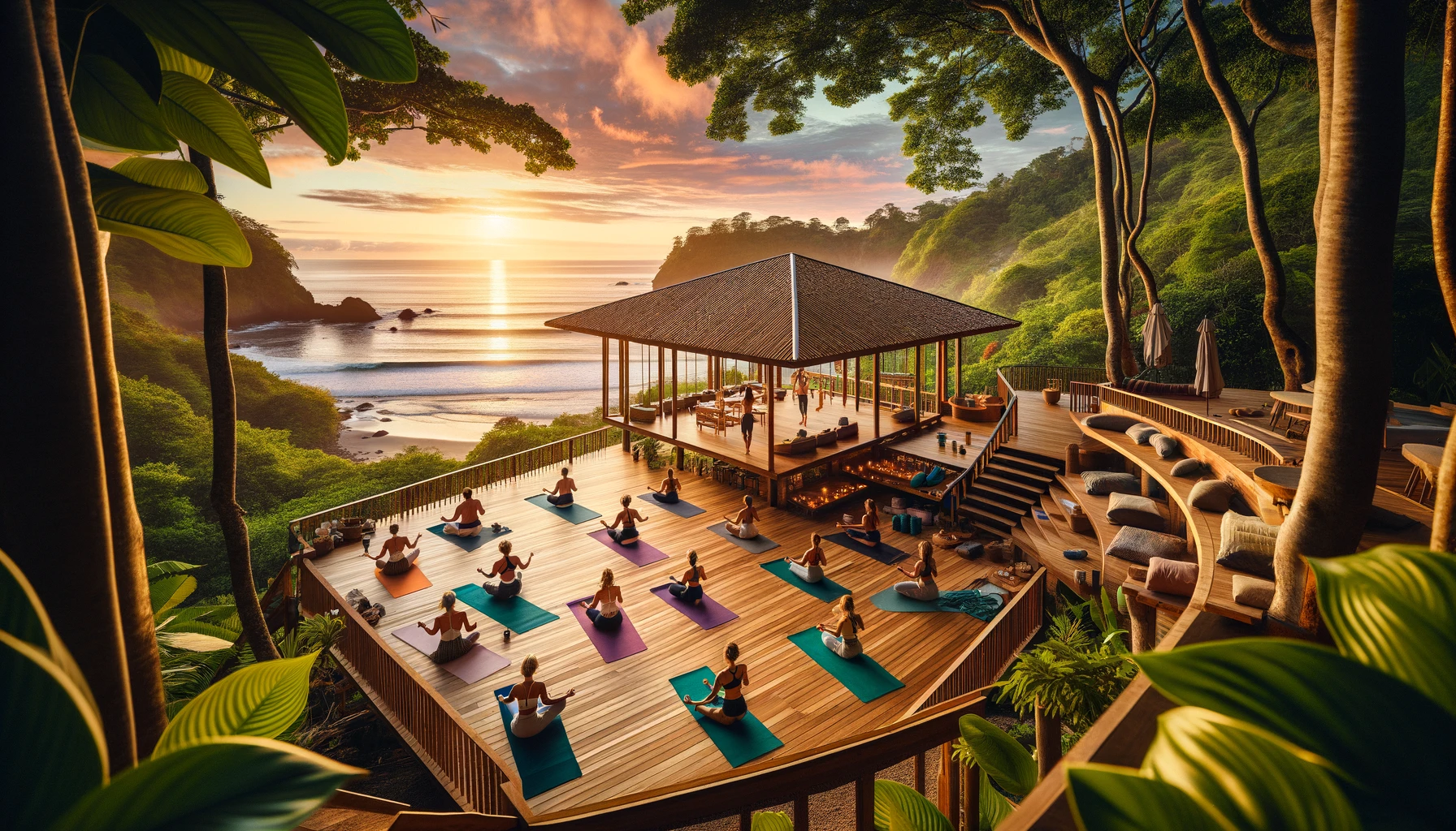 DALL·E 2024-06-02 12.10.19 - A serene yoga retreat in Santa Teresa, Costa Rica. The scene includes an open-air wooden platform overlooking the ocean, surrounded by lush tropical g