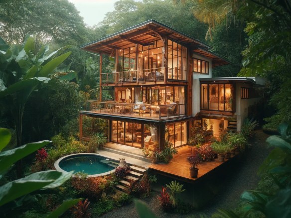 DALL·E 2024-06-02 12.11.08 - A beautiful home nestled in the jungle of Santa Teresa, Costa Rica. The house features a blend of rustic and modern design with large glass windows an