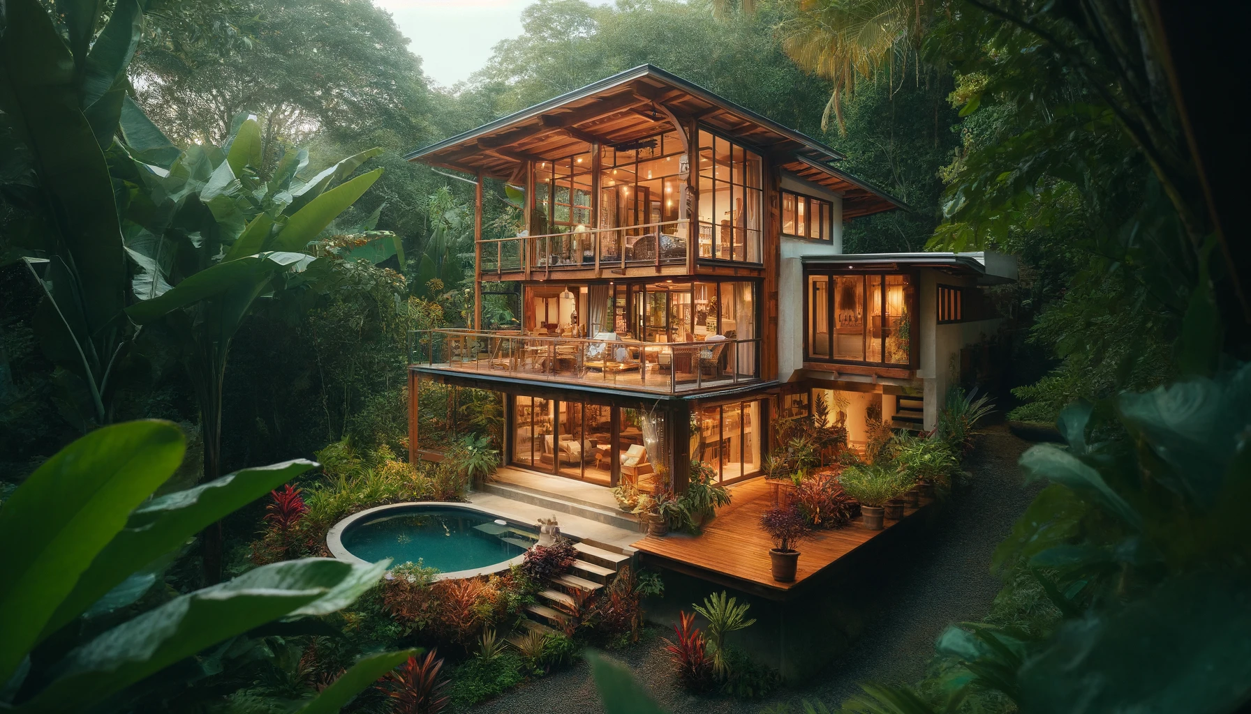 DALL·E 2024-06-02 12.11.08 - A beautiful home nestled in the jungle of Santa Teresa, Costa Rica. The house features a blend of rustic and modern design with large glass windows an
