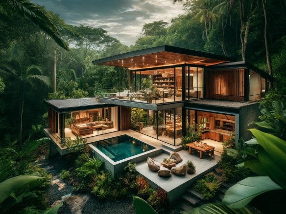 DALL·E 2024-06-02 12.11.31 - A luxurious home deep in the jungle of Santa Teresa, Costa Rica. The house features a modern design with expansive glass walls, wooden and stone eleme