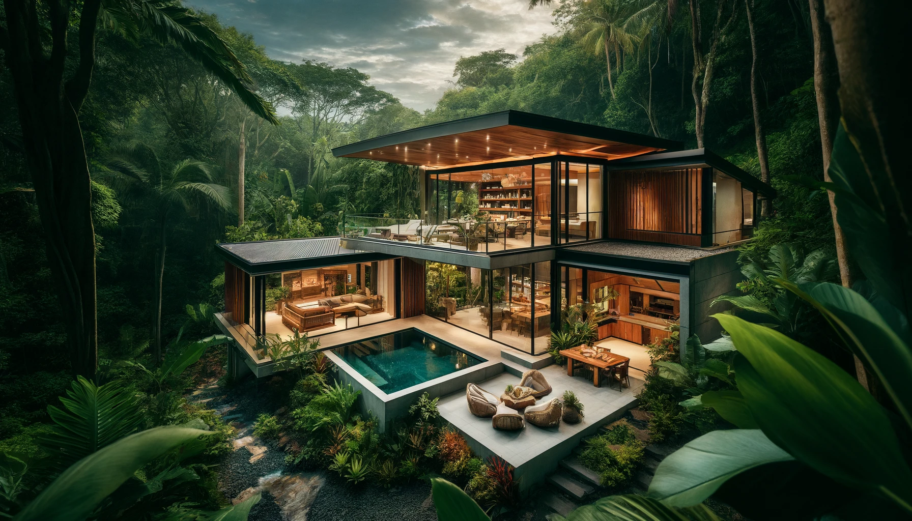 DALL·E 2024-06-02 12.11.31 - A luxurious home deep in the jungle of Santa Teresa, Costa Rica. The house features a modern design with expansive glass walls, wooden and stone eleme