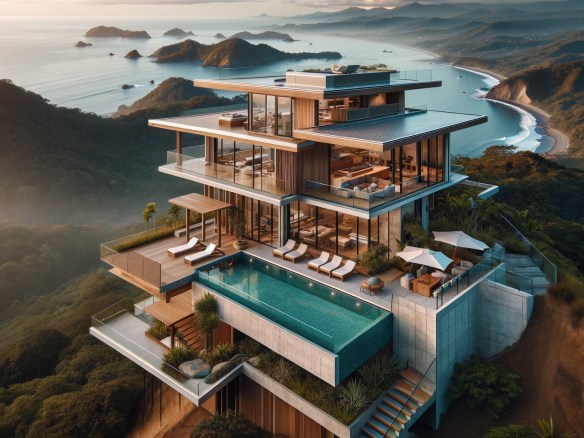 DALL·E 2024-06-02 12.13.16 - A stunning mountaintop home with an ocean view in Santa Teresa, Costa Rica. The house features a contemporary design with large glass windows, allowin