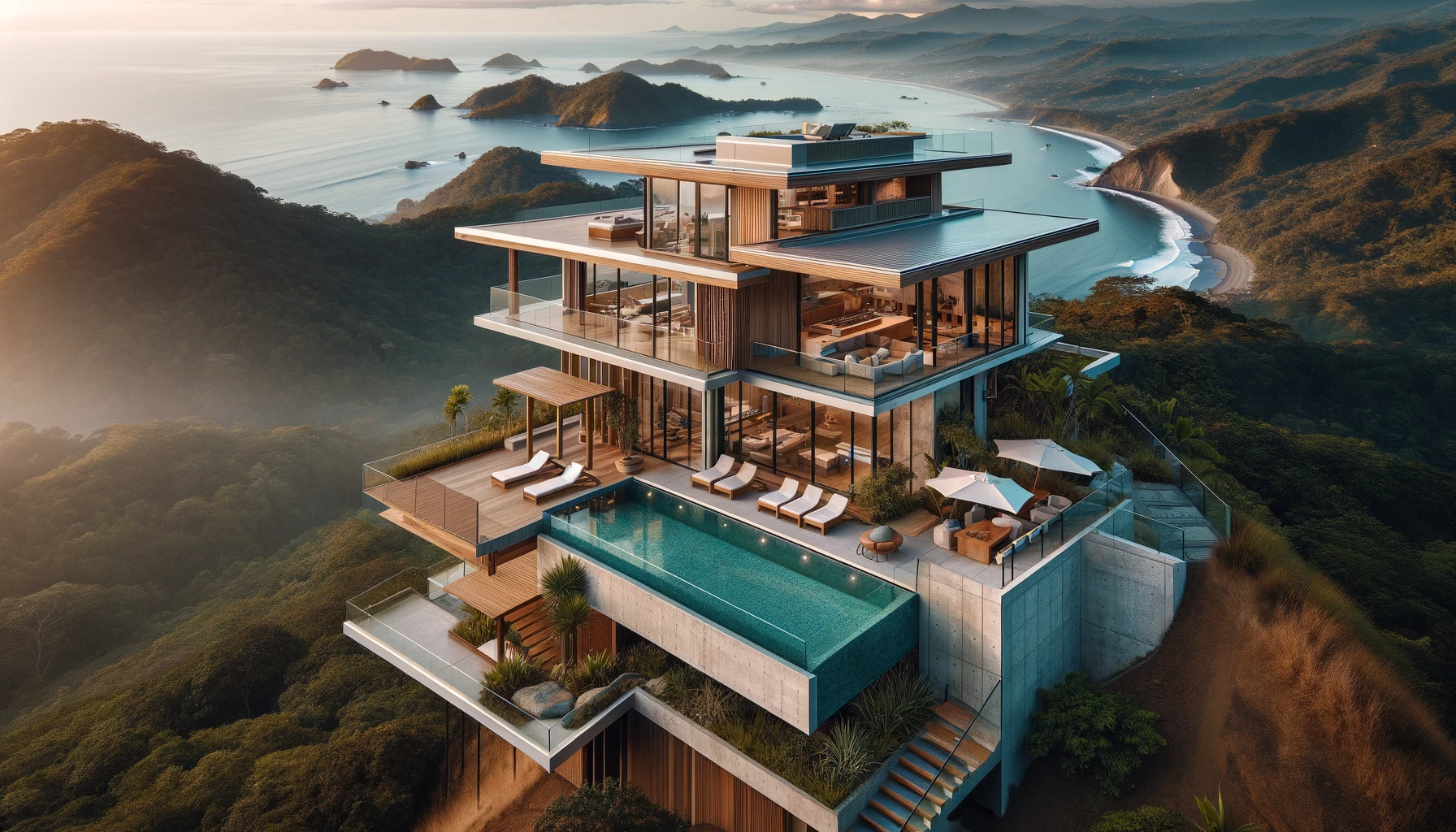 DALL·E 2024-06-02 12.13.16 - A stunning mountaintop home with an ocean view in Santa Teresa, Costa Rica. The house features a contemporary design with large glass windows, allowin