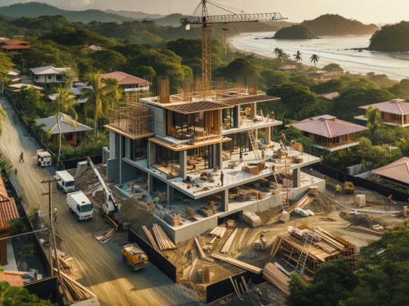 DALL·E 2024-06-02 12.27.19 - A construction site in Santa Teresa, Costa Rica. The scene shows a modern home being built with a tropical design. Workers are on-site, and constructi