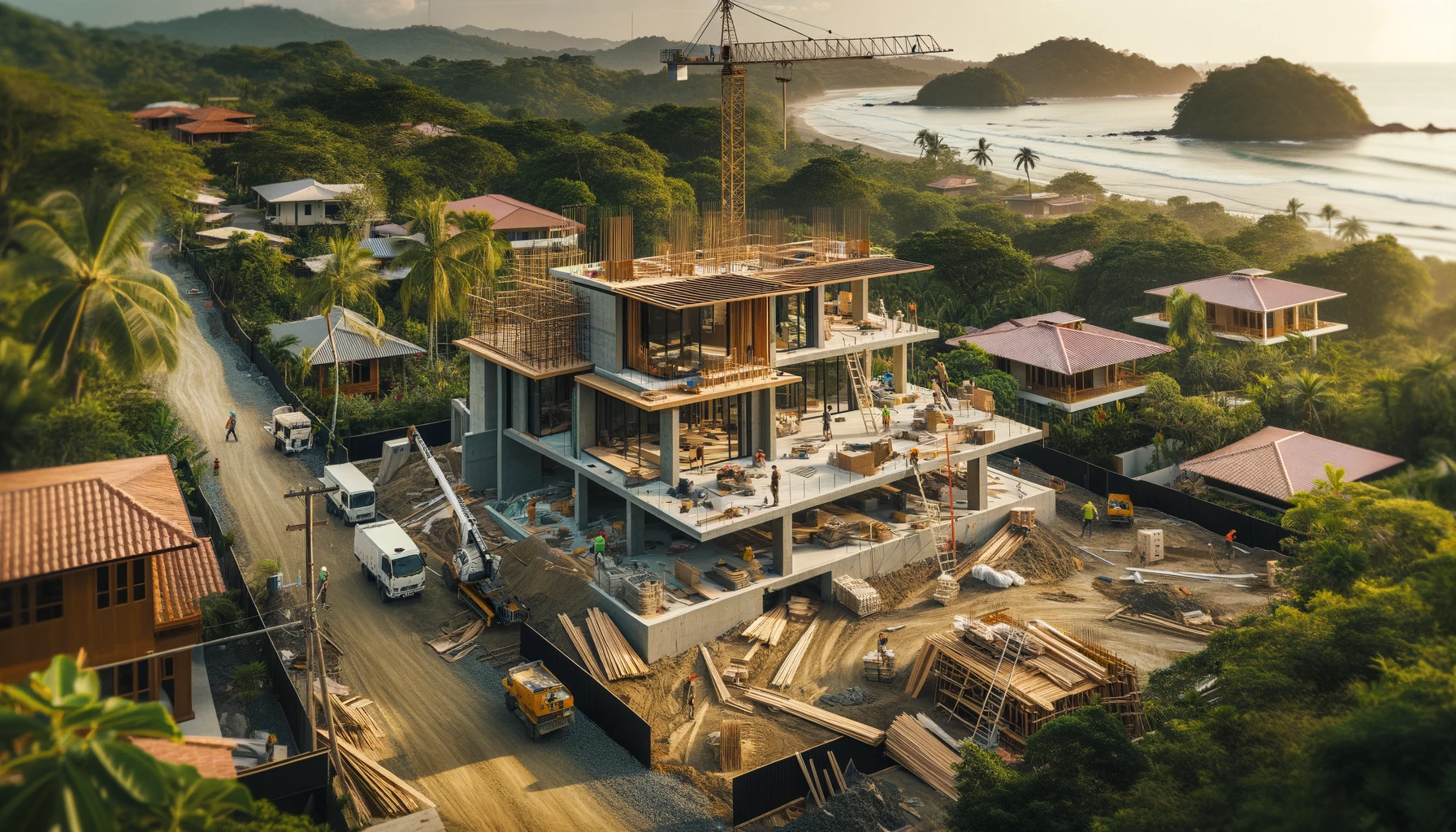 DALL·E 2024-06-02 12.27.19 - A construction site in Santa Teresa, Costa Rica. The scene shows a modern home being built with a tropical design. Workers are on-site, and constructi