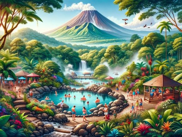 DALL·E 2024-06-02 12.35.00 - A popular tourist attraction in Costa Rica. The scene features the Arenal Volcano, surrounded by lush green rainforest. There are tourists enjoying th