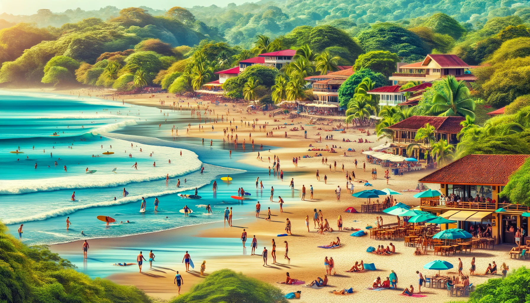 DALL·E 2024-06-02 12.35.43 - A popular tourist attraction in Santa Teresa, Costa Rica. The scene features beautiful beaches with golden sand, clear blue water, and gentle waves. T