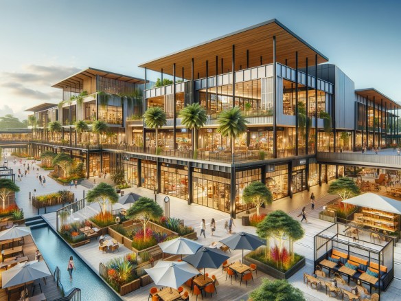 DALL·E 2024-06-02 12.56.08 - A commercial plaza in Santa Teresa, Costa Rica. The scene features a modern plaza with a few retail shops, cafes, and restaurants. The architecture is