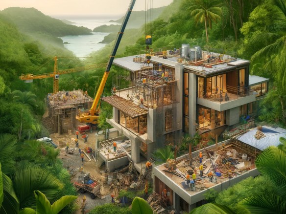 DALL·E 2024-06-02 13.11.55 - A bustling construction site in Santa Teresa, Costa Rica. The scene includes workers actively building a contemporary home with tropical design elemen