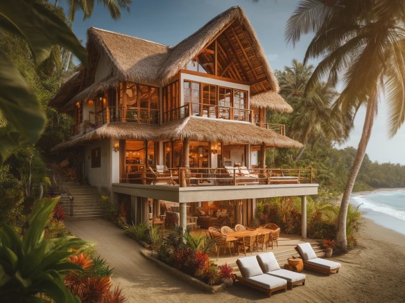 DALL·E 2024-06-02 13.21.45 - A beautiful beachfront home in Costa Rica. The house has a traditional design with a thatched roof, large windows, and a spacious porch overlooking th