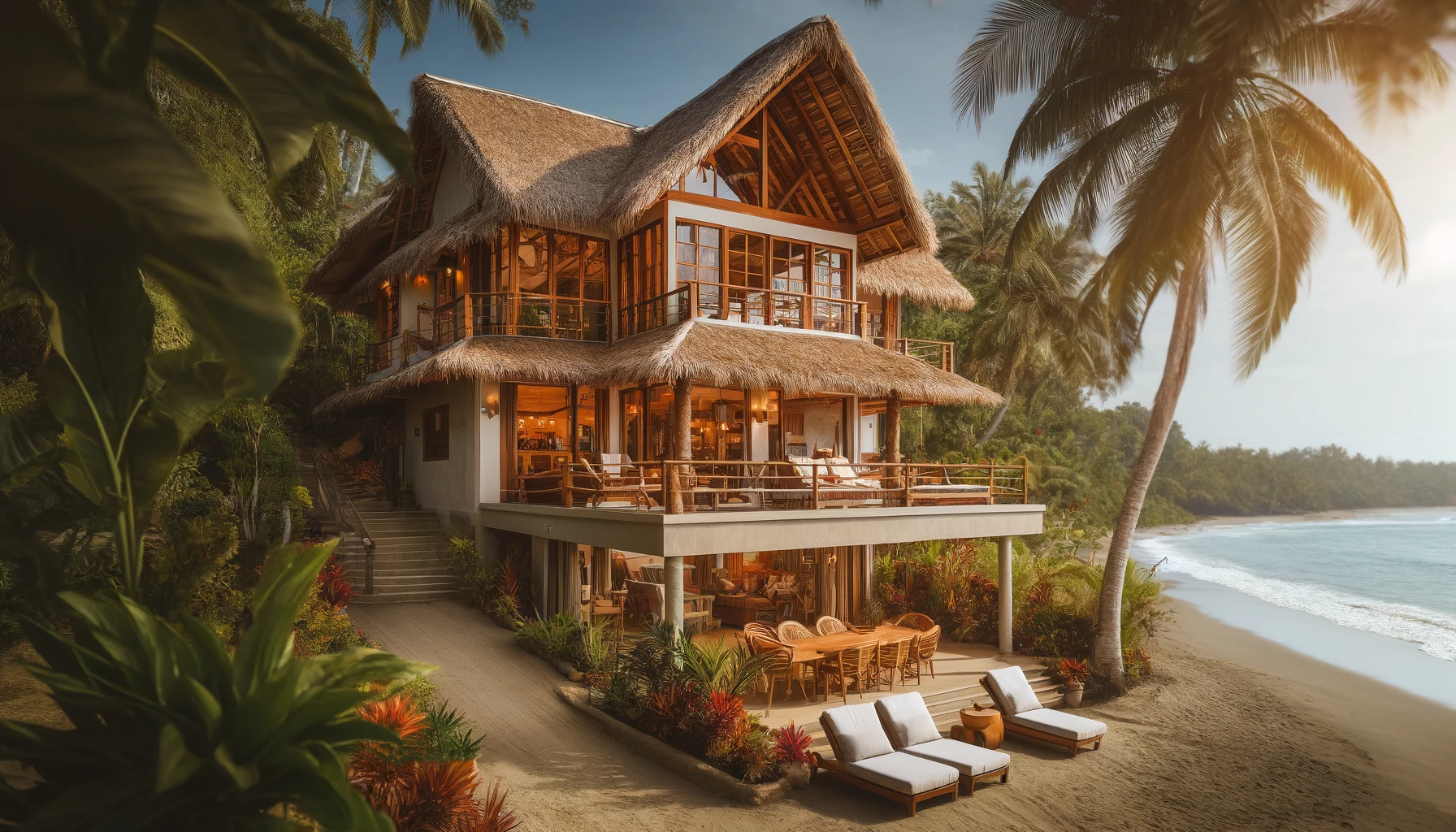 DALL·E 2024-06-02 13.21.45 - A beautiful beachfront home in Costa Rica. The house has a traditional design with a thatched roof, large windows, and a spacious porch overlooking th
