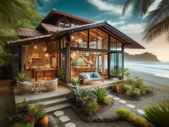 DALL·E 2024-06-02 13.22.33 - A charming beachfront home in Costa Rica with a blend of traditional and modern design. The house features large glass doors that open to a spacious d