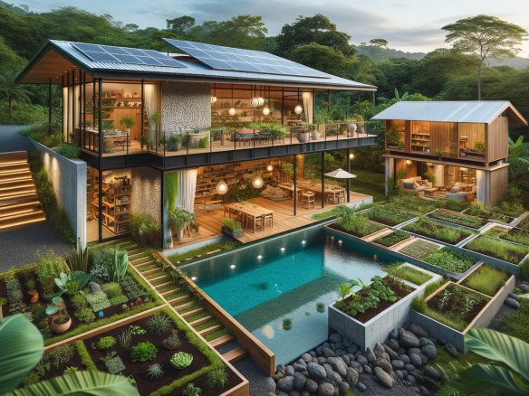 DALL·E 2024-06-02 13.31.05 - An eco-friendly home in Santa Teresa, Costa Rica, showcasing a modern design with sustainable features. The house includes large windows for natural l