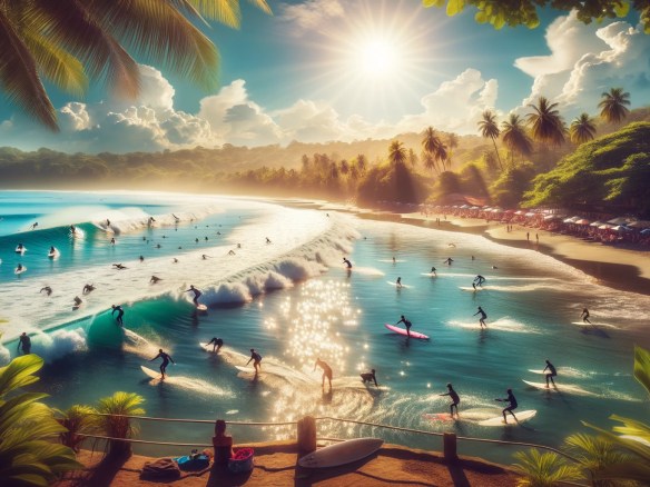 DALL·E 2024-06-02 13.49.05 - A vibrant surfing scene in Santa Teresa, Costa Rica. The image features surfers catching waves in the clear blue ocean, with a backdrop of lush tropic