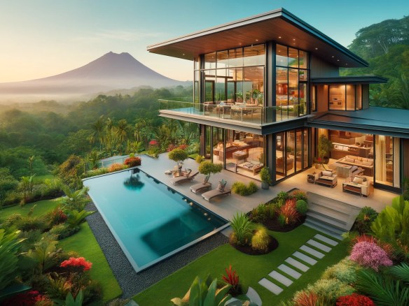 DALL·E 2024-06-02 13.55.45 - A luxurious villa in La Fortuna, Costa Rica. The villa features a modern design with expansive glass windows offering stunning views of the surroundin