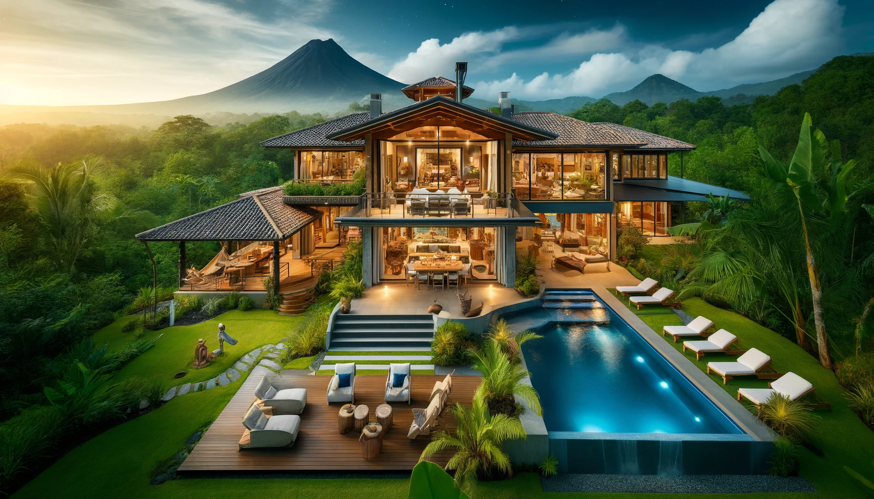 DALL·E 2024-06-02 13.57.41 - A stunning villa in La Fortuna, Costa Rica, featuring a mix of traditional and modern design elements. The villa has large windows offering breathtaki