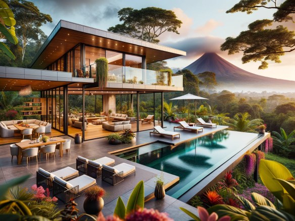 DALL·E 2024-06-02 13.58.09 - A luxurious villa in La Fortuna, Costa Rica, designed with a blend of modern and tropical styles. The villa features large glass walls providing panor