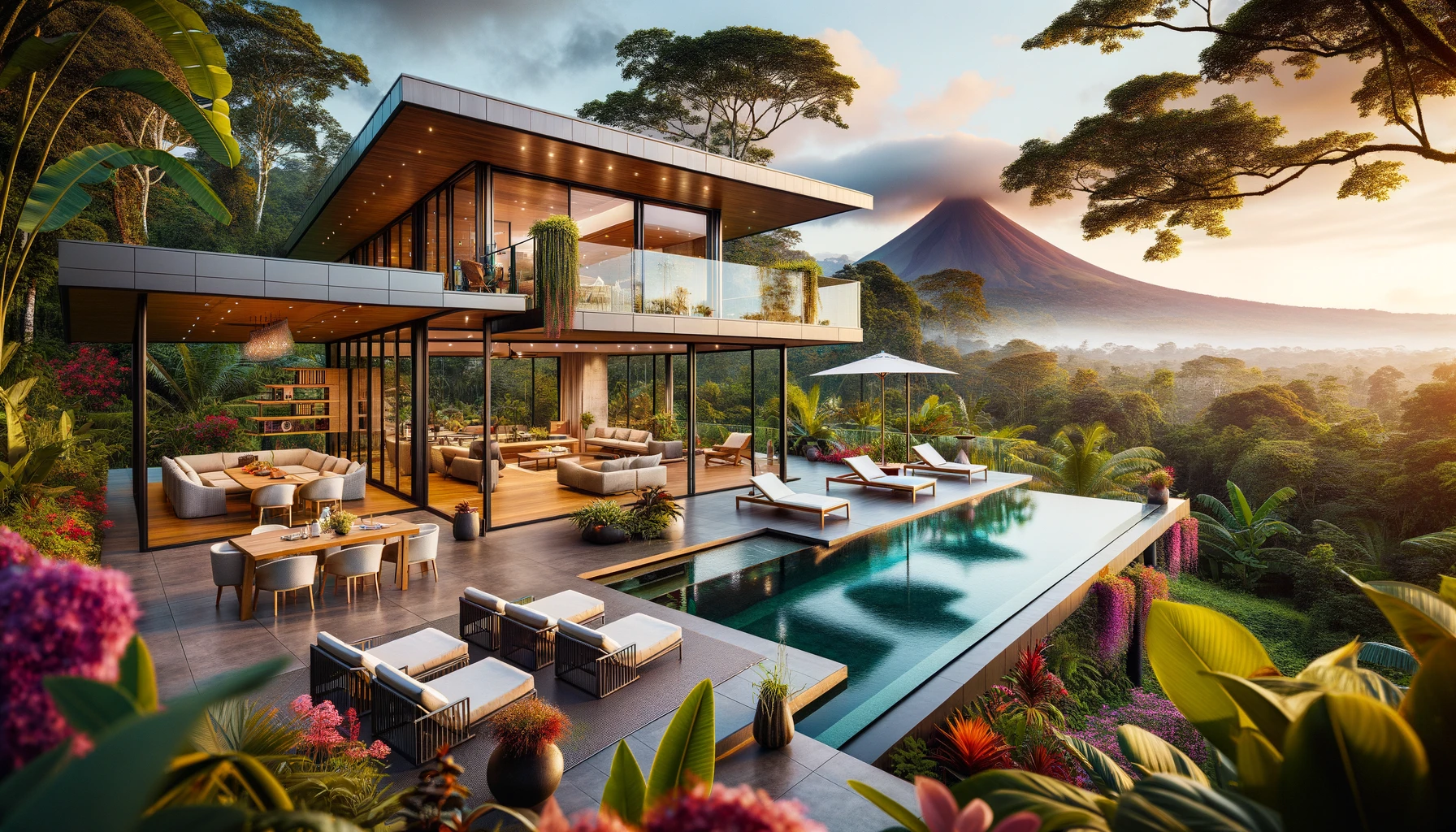 DALL·E 2024-06-02 13.58.09 - A luxurious villa in La Fortuna, Costa Rica, designed with a blend of modern and tropical styles. The villa features large glass walls providing panor