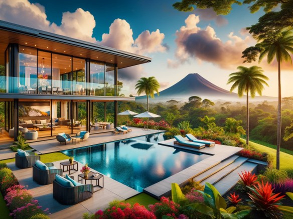 DALL·E 2024-06-02 14.11.23 - A luxurious villa in La Fortuna, Costa Rica, featuring a modern design with expansive glass walls offering stunning views of the Arenal Volcano and lu