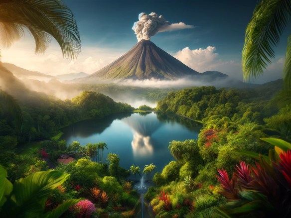 DALL·E 2024-06-02 14.12.05 - A stunning image of Arenal Volcano in Costa Rica. The volcano is active with a visible plume of smoke rising from the crater. The scene is set against