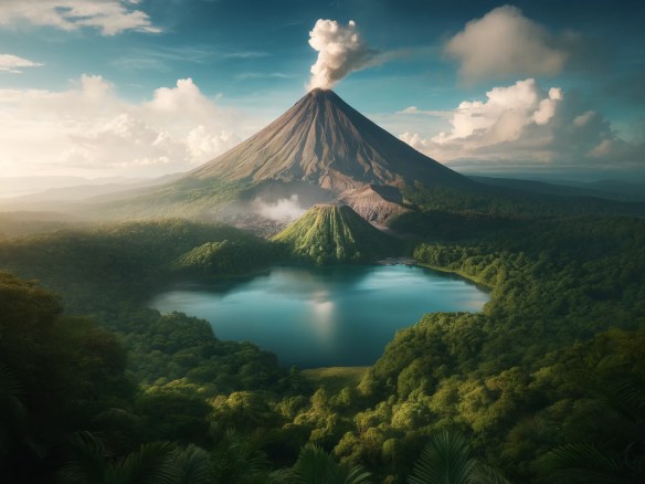 DALL·E 2024-06-02 14.14.21 - An awe-inspiring view of Arenal Volcano in Costa Rica. The volcano's conical shape is prominent, with a gentle plume of smoke rising from its crater.