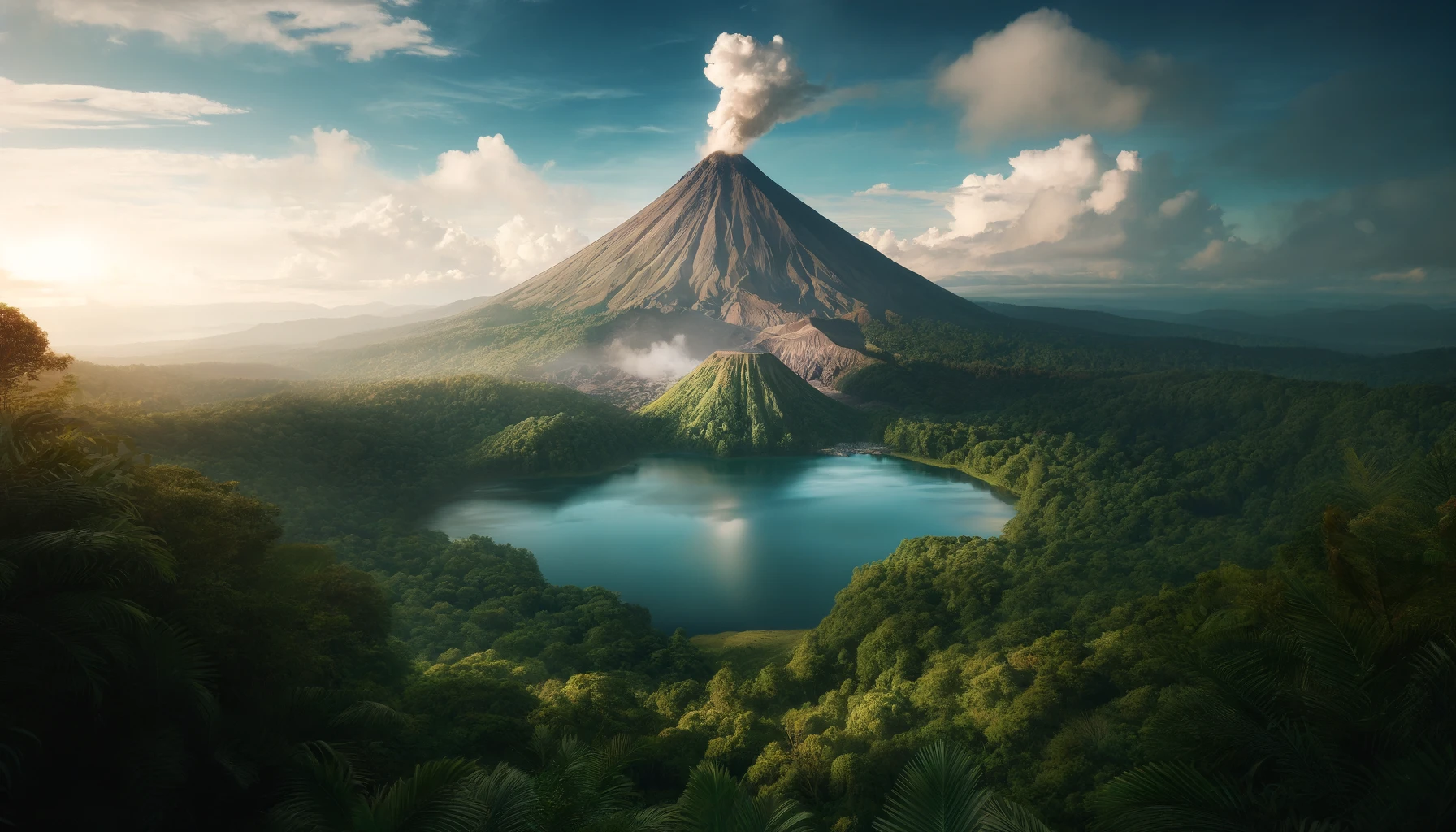 DALL·E 2024-06-02 14.14.21 - An awe-inspiring view of Arenal Volcano in Costa Rica. The volcano's conical shape is prominent, with a gentle plume of smoke rising from its crater.