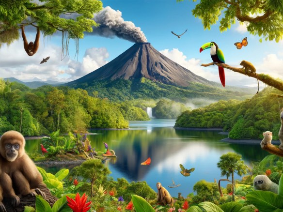 DALL·E 2024-06-02 14.16.18 - A breathtaking view of Arenal Volcano in Costa Rica, featuring vibrant wildlife. The volcano's conical shape is prominent with a plume of smoke rising